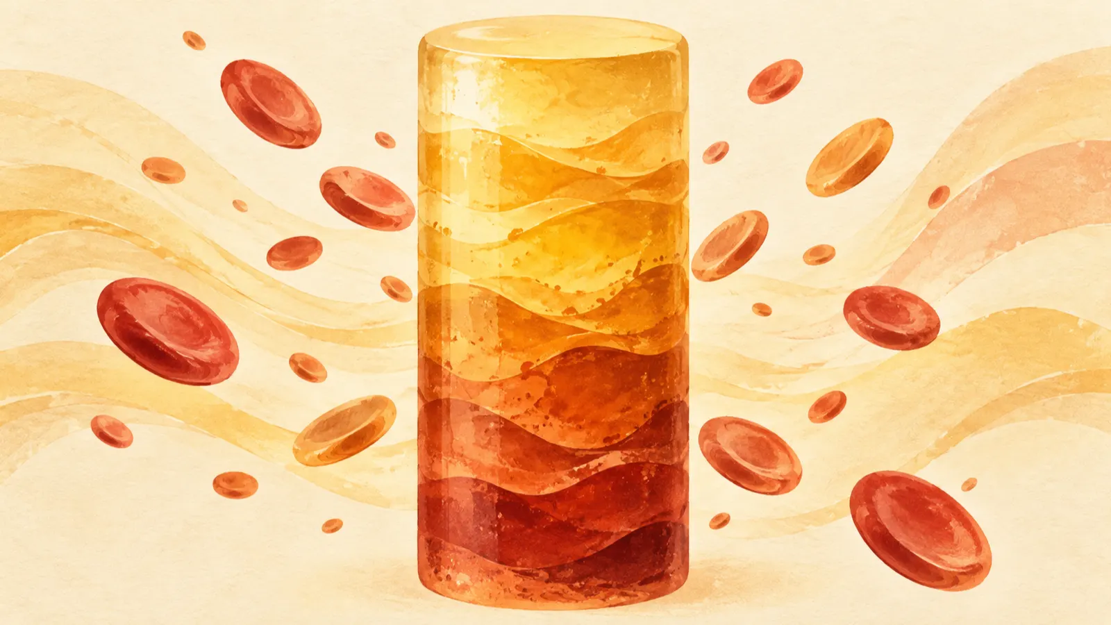 Warm amber and gold layers rising in a rounded column, with small round discs floating around it on a cream background